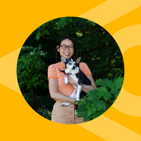 A yellow graphic with a photo of an Asian women holding a small dog