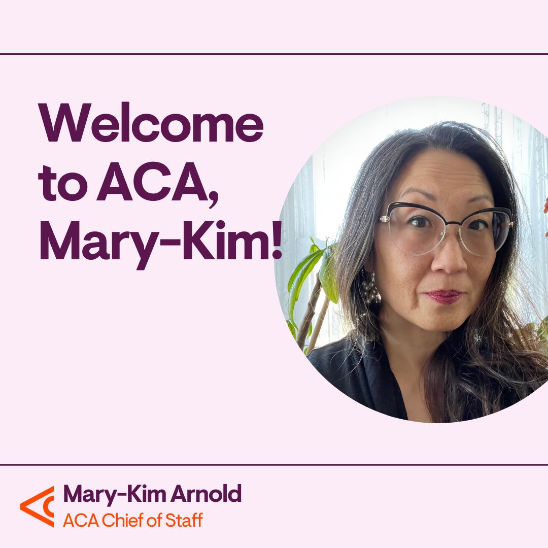 A graphic that reads "Welcome to ACA, Mary-Kim!" and has a photo of Mary-Kim Arnold