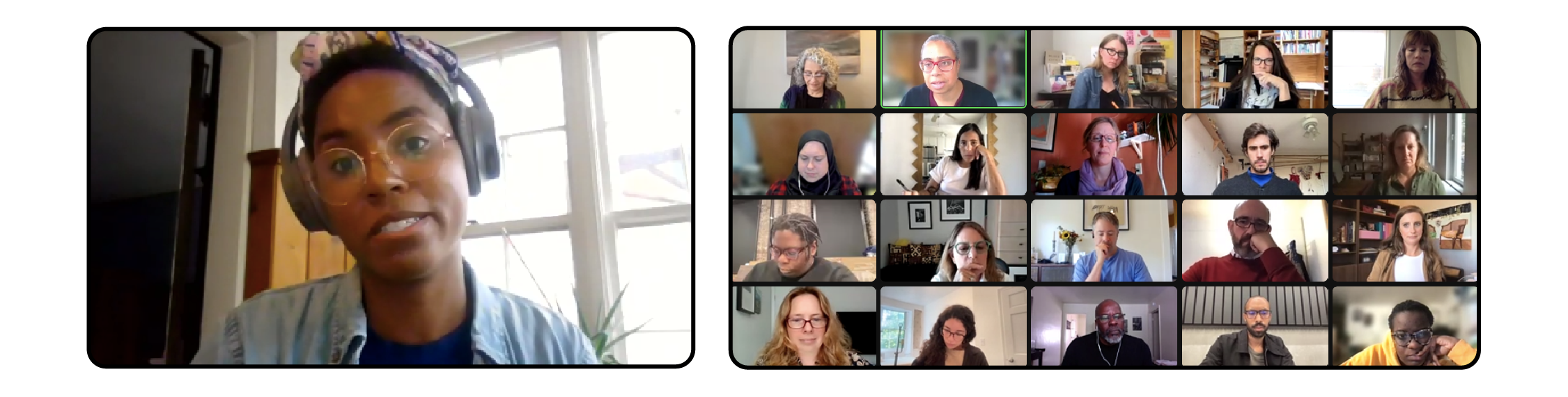 Screenshots of a presenter and 20 participants in a virtual program