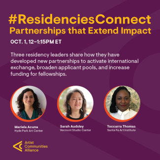 Yellow and white text on a purple background repeats the program description. Below the text are three headshots depicting the featured speakers