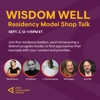 Yellow and white text on a purple background repeats the program description. Below the text are five headshots depicting the featured speakers