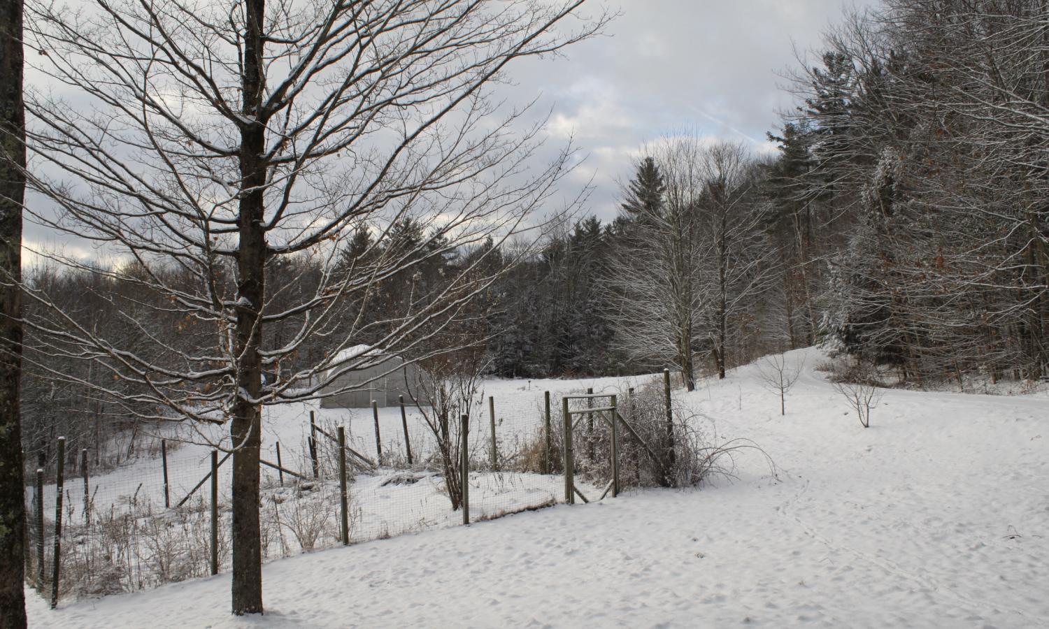Snow covered landscape with High Tunnel in background