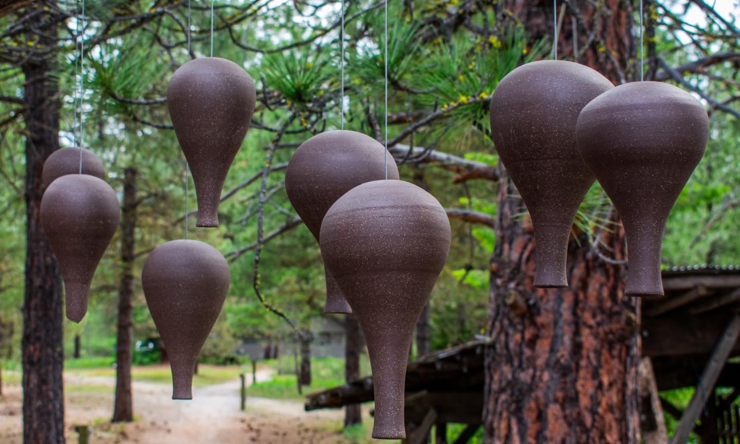 A series of brown ceramic hanging vessels with a ponderosa pine background created by a former AiR and later Guild staff member.