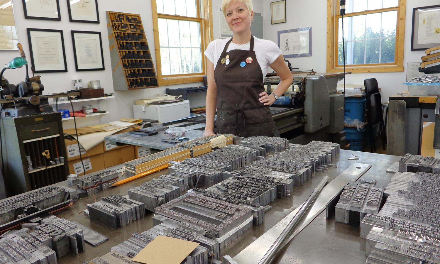 2017 Artist-in-Residence Amy Pirkle in the Granary printmaking studio