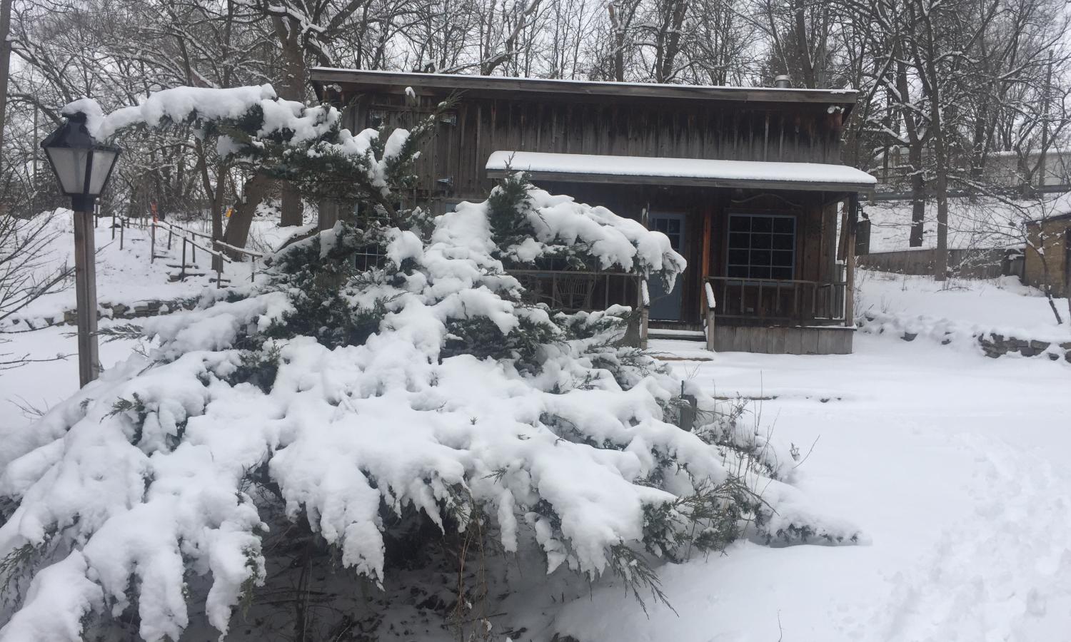 A snowy scene outside of the Cabinet Shop workshop/studio space