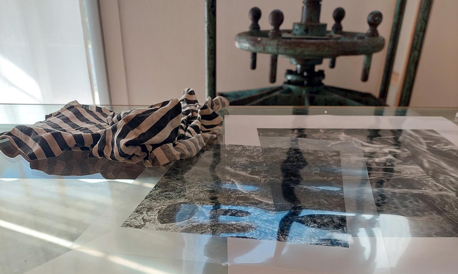 Glass table and book binding on the background