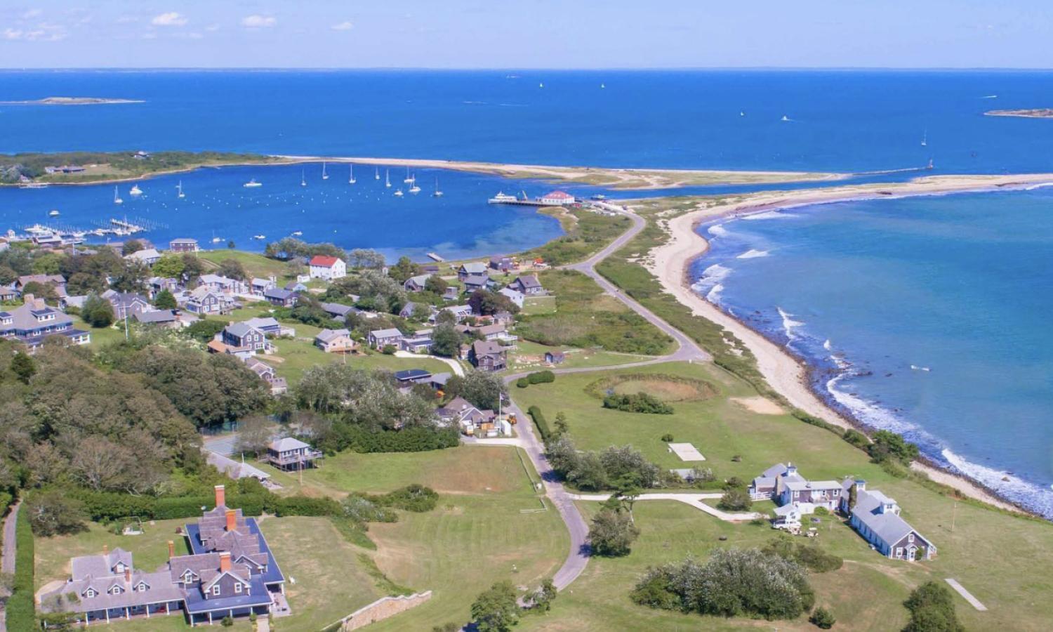 Aerial view of Cuttyhunk Island and the Avalon (bottom left)