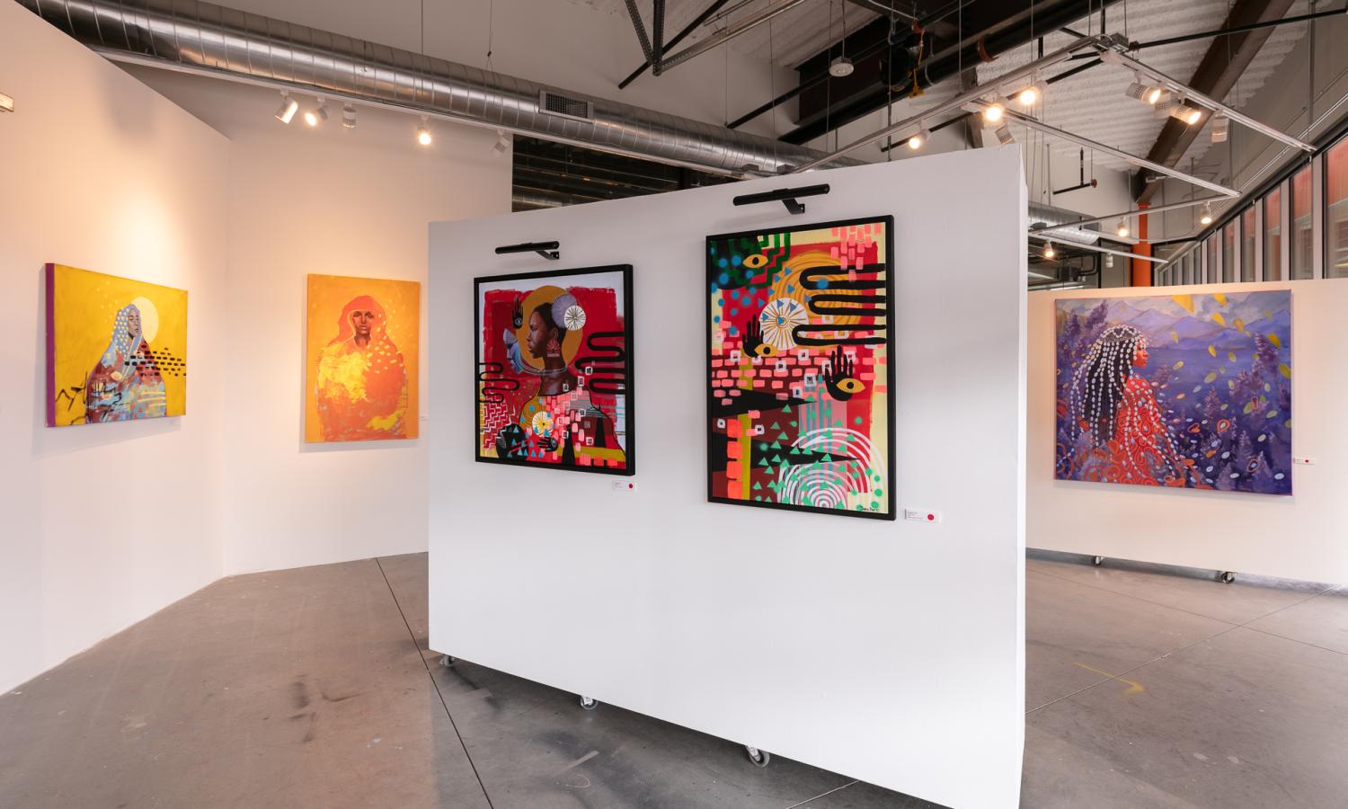 View of gallery space with movable walls - Jahna Rae paintings