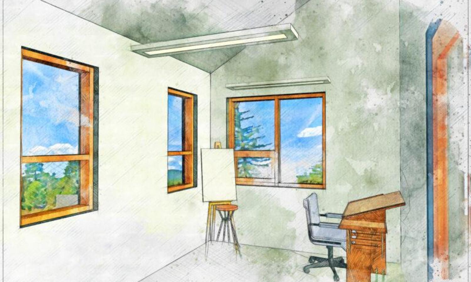 Artist rendering of new artist studio. It includes 3 windows with mountain views, a desk, a chair and a wooden easel.