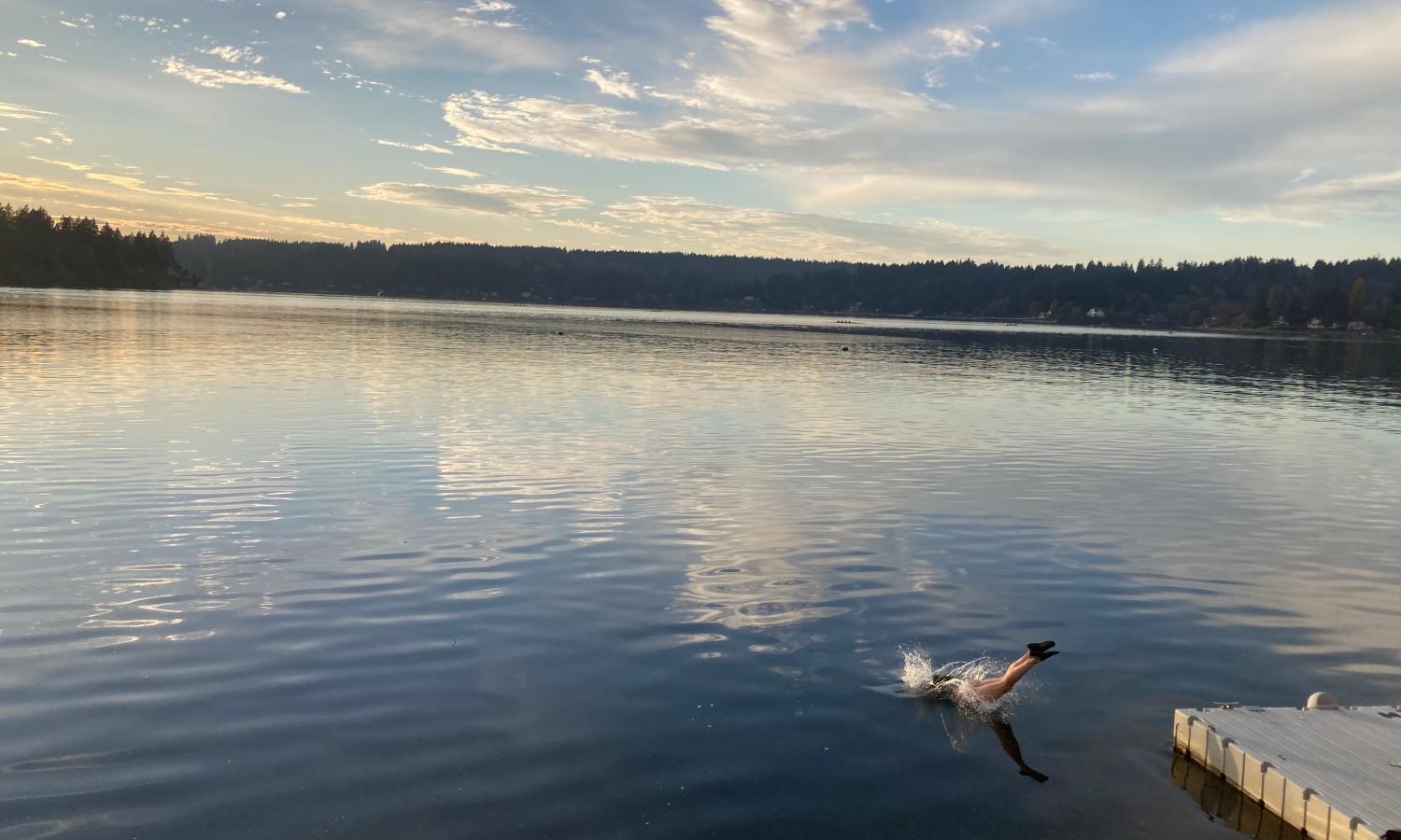 Artist takes a dive off of the residency dock after a long day in the studio.