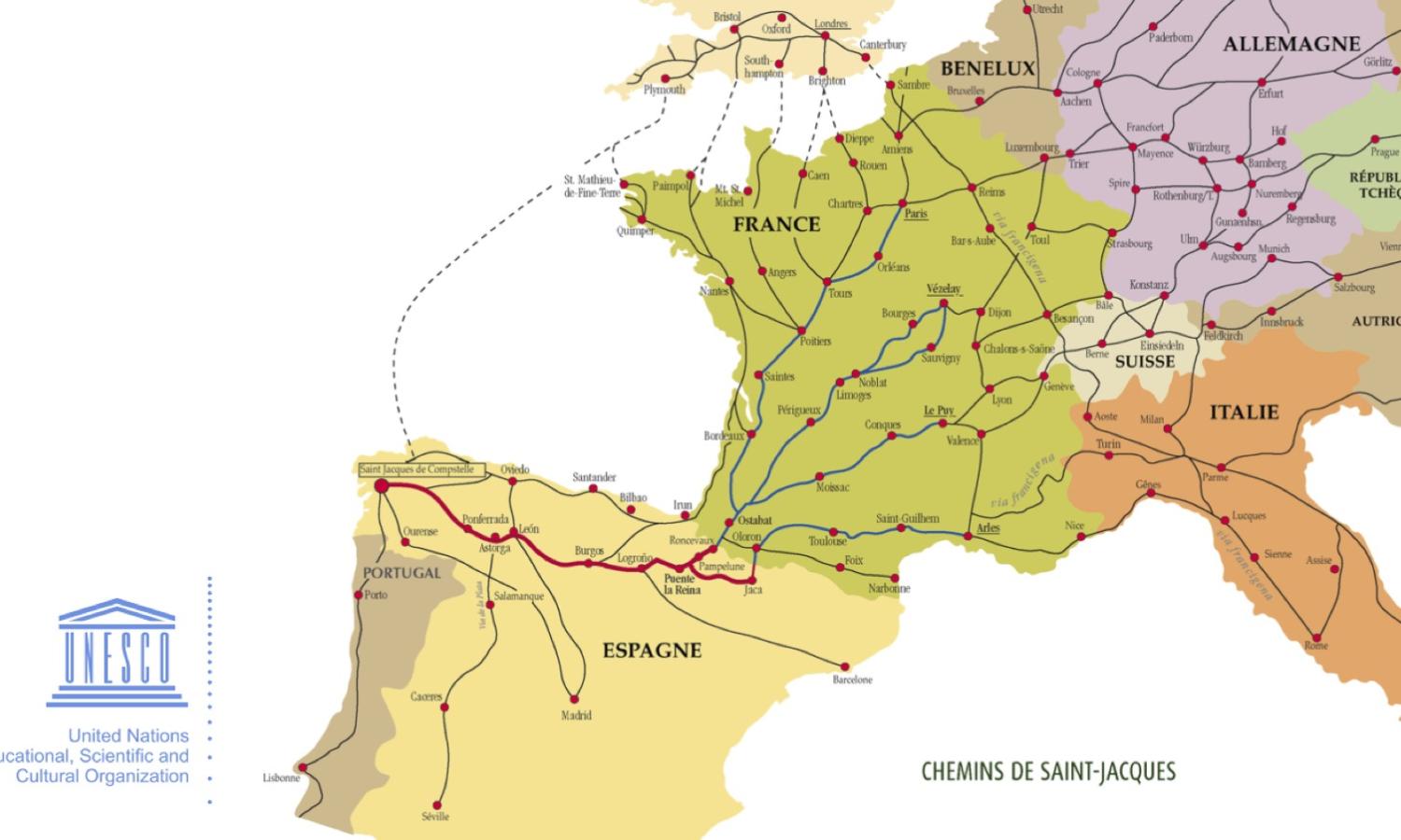 Map of the Camino paths.