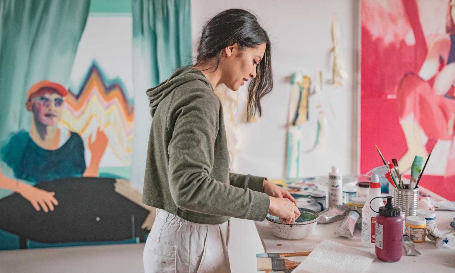 Ellen Akimoto working in her studio space at Fine Arts Work Center. Photo: Michael Cestaro.