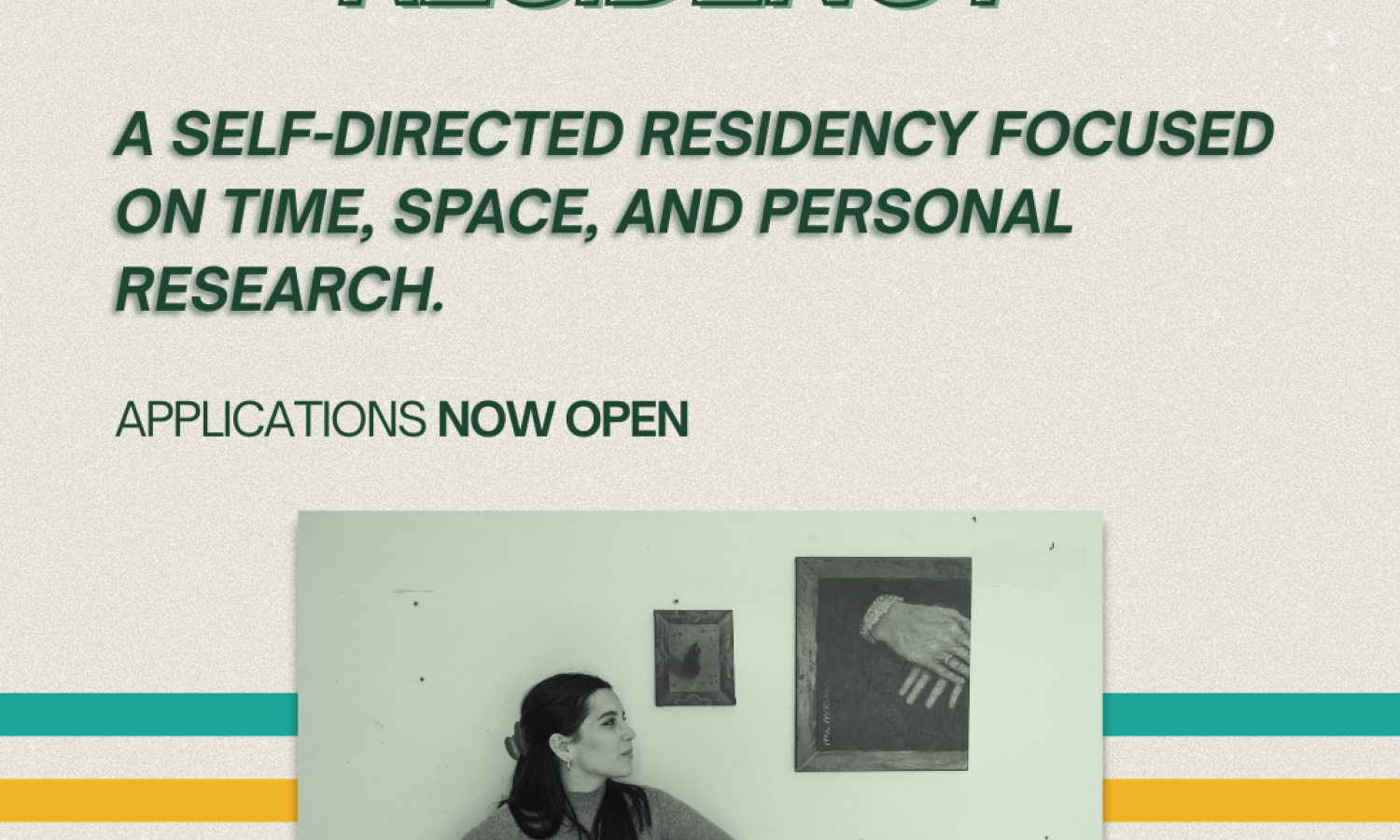 Graphic with horizontal stripes under an image of a young female artist, proudly looking at her paintings. Text reads: Pezzolo Retreat Residency. A self-directed residency focused on time, space, and personal research. Applications now open.