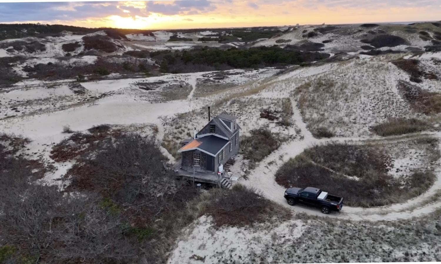 Aerial shots of C-Scape Dune Shack in the Dunes, C-Scape interior, Sunset at C-Scape, C-Scape in the dunes