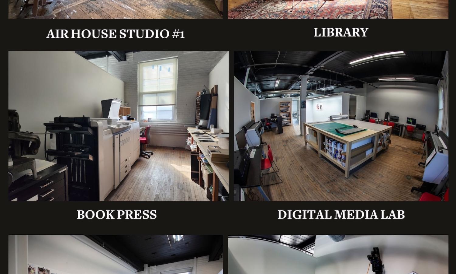 Grid of photos showing the Woodstock artist house and CPW print lab