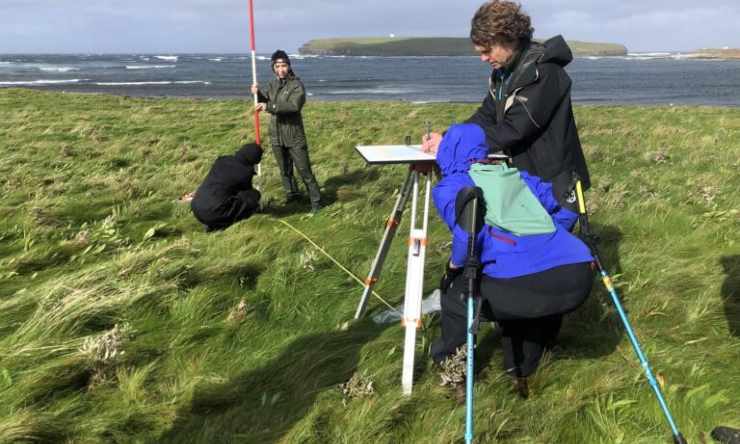 Four figures working on a remote island headland with sea and sky behind