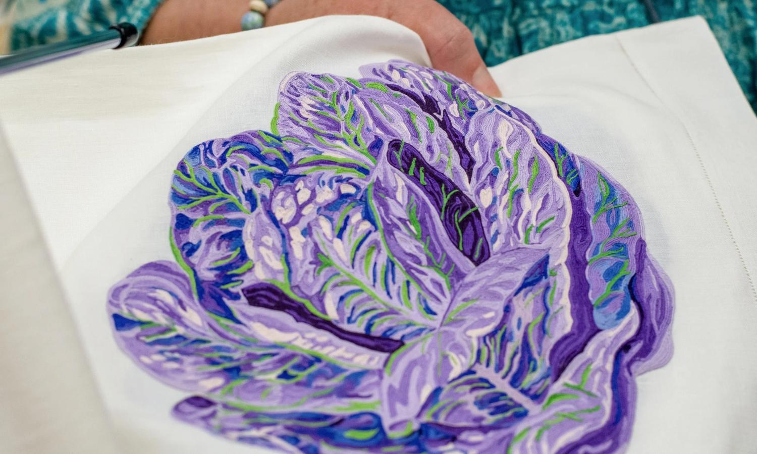 Hand embroidered image of a purple cabbage, designed by Hubert de Givenchy