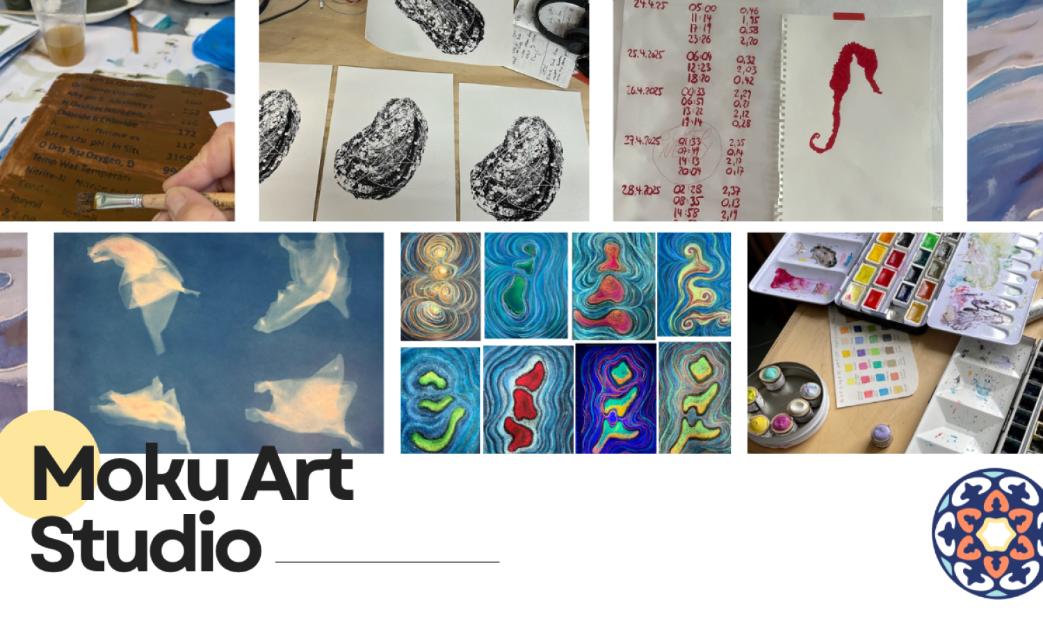 collage of artist process work including ink prints, data notebooks, abstract paintings, and colorful topographic studies, alongside the Moku Art Studio logo