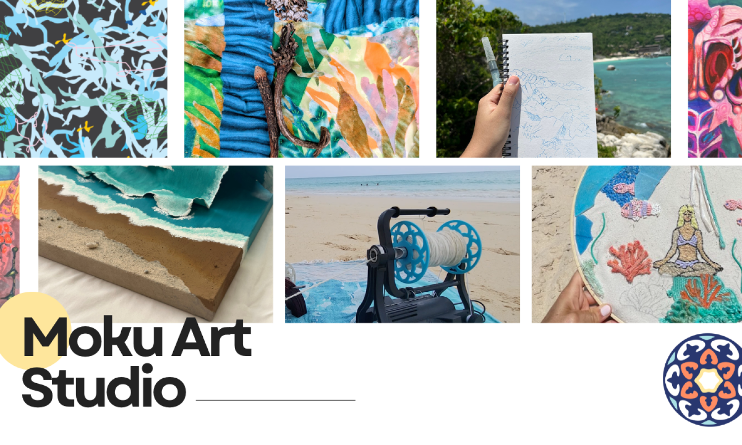 a collage of artist process work including digital drawings, drawing notebooks, abstract paintings, and colorful fiber pieces, alongside the Moku Art Studio logo
