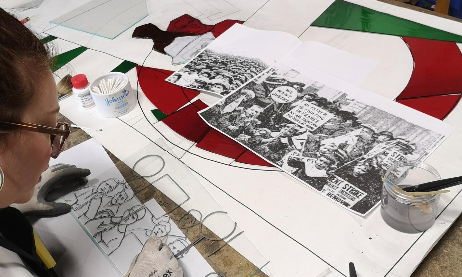 Stained Glass Artist Keira McLean, John McLean Window Cartoon, Glasgow, 2023.