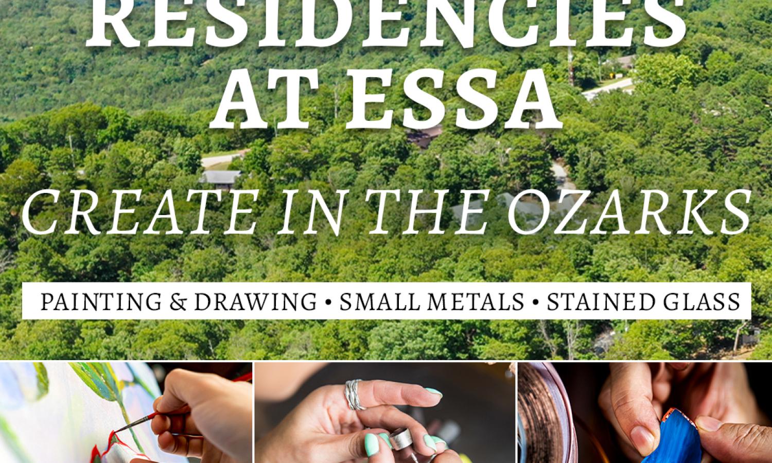 image of campus in Ozark hills, hands working, flier for fall artist residency