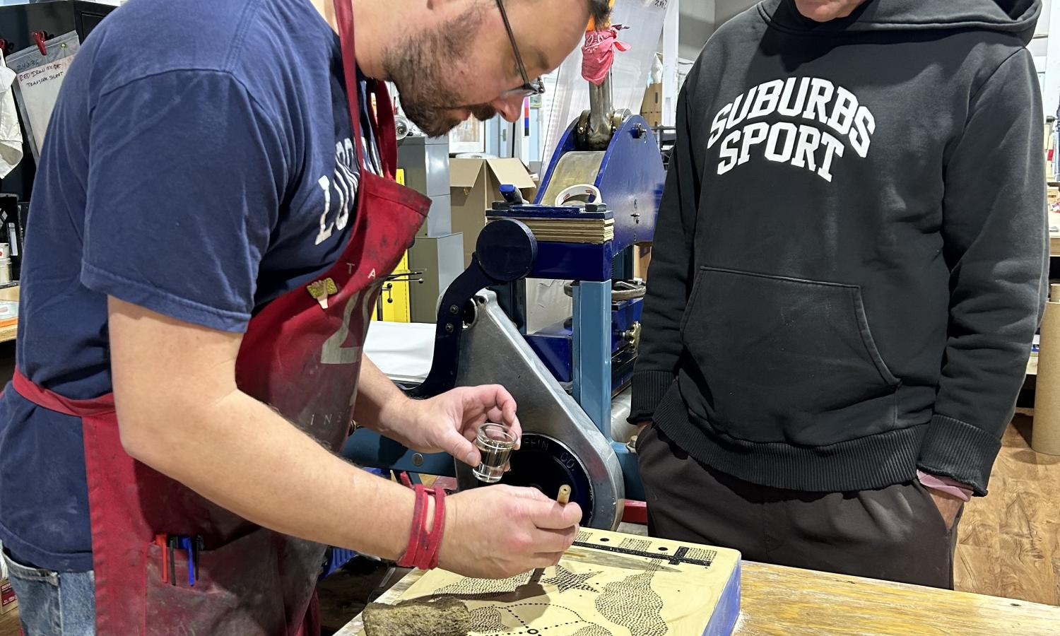 Master Printer, Perry Obee, collaborating with resident artist, Glenn Goldberg, at Obee Editions