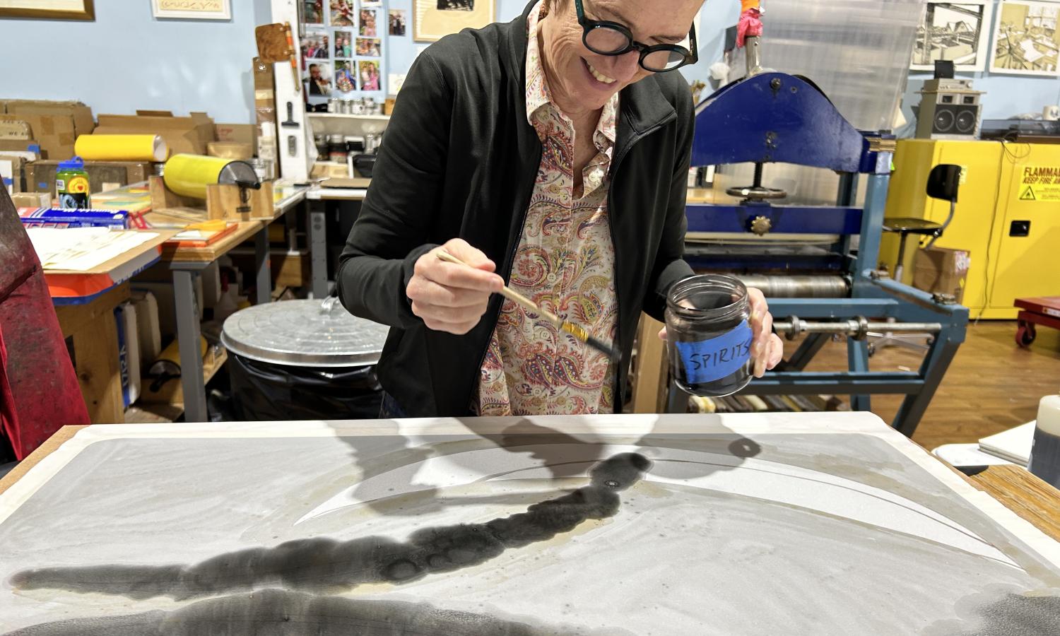 Resident artist, Elisabeth Condon, working on lithographic plates at Obee Editions