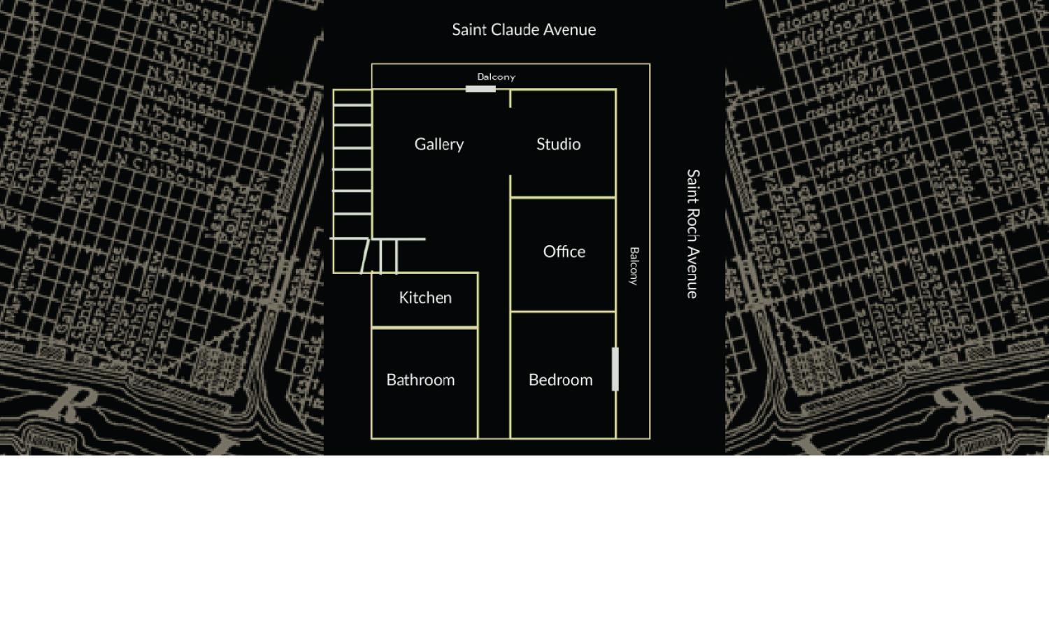 Floor plan of Kolaj Institute showing the gallery, studio, office, bedroom, kitchen, bathroom, balconies, and street entrances.