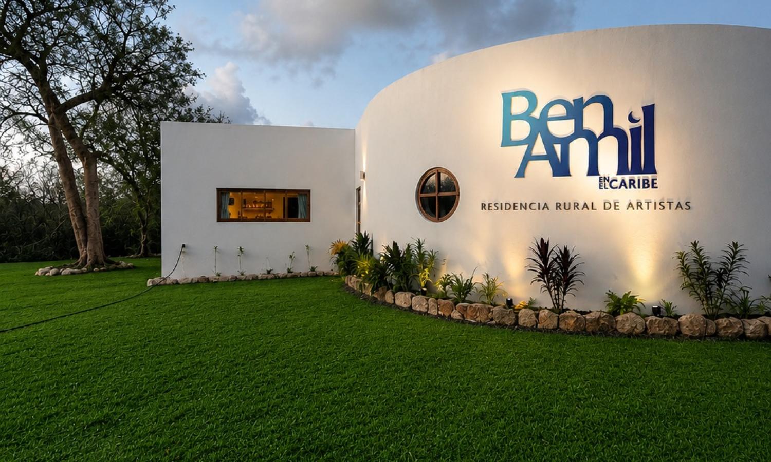Exterior of the BenAmil artist residency building and gardens in El Cedral, Cozumel, Mexico.