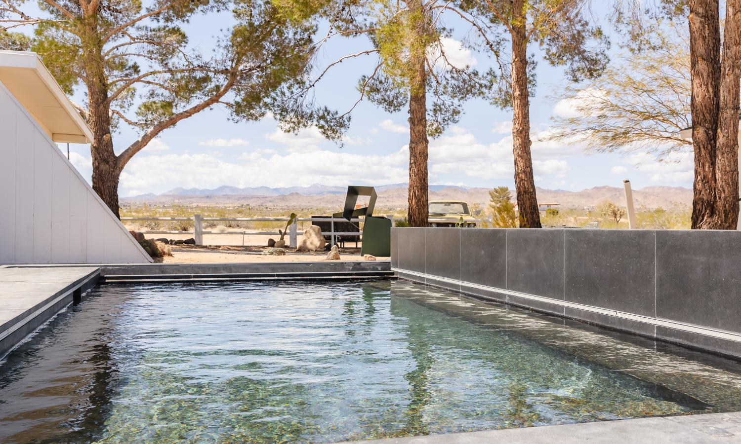View of in-ground pool under mature pines with the desert landscape in the background