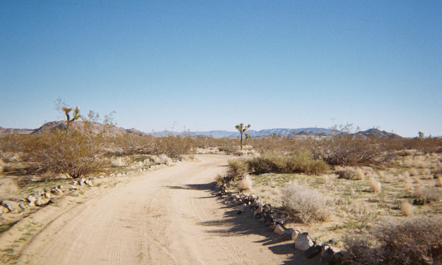 View of the driveway, a winding dirt road with expansive desert views