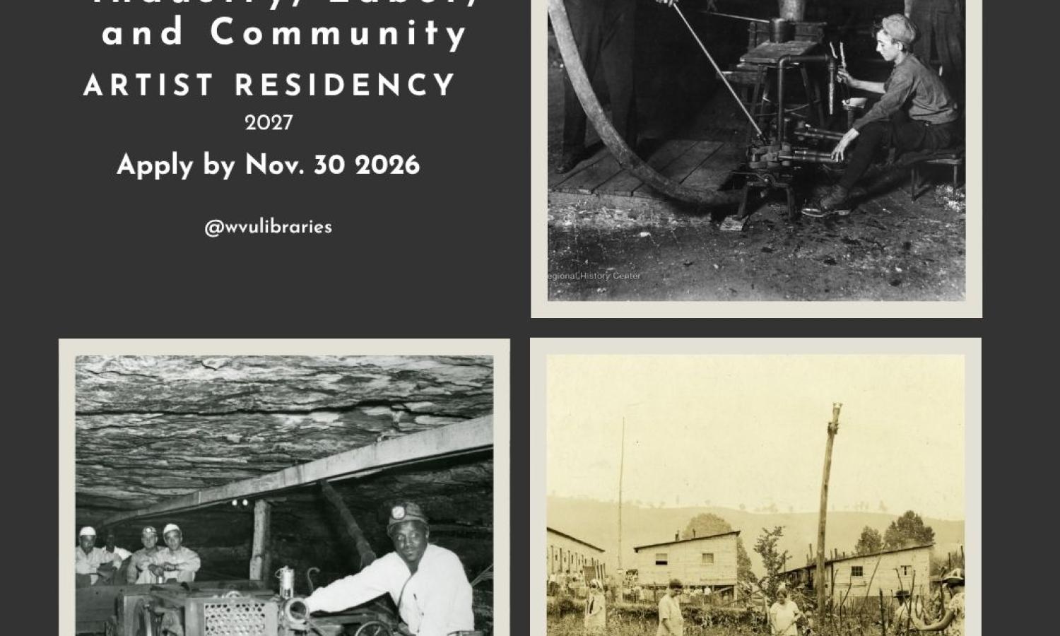 Square with three historical images around labor, industry and community